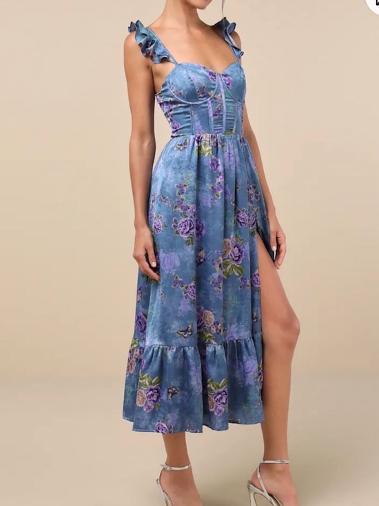 Lulus Dresses & Skirts - NWT Lulu's Blue Floral Ruffle Strap Midi Dress with Side Slit